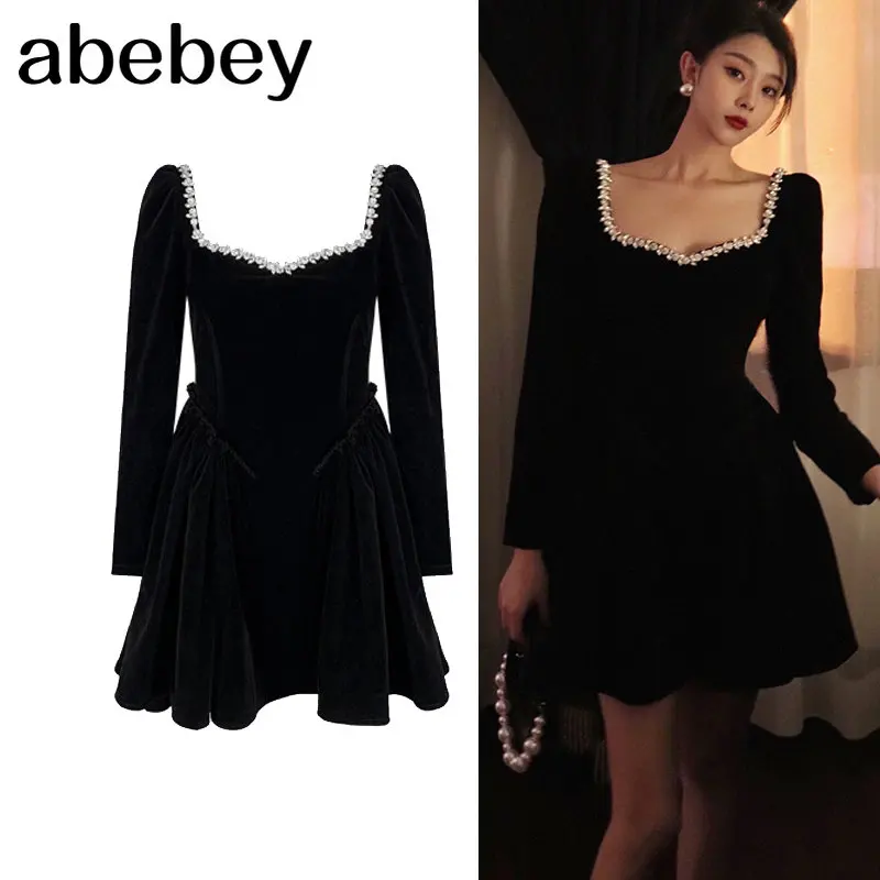 Women Fashion Glitter Shiny Crystal Neckline Black Velvet A Line Mini Short Dresses Sweet Girl Cute Winter Dress Elbise
Women Fashion Glitter Shiny Crystal Neckline Black Velvet A Line Mini Short Dresses Sweet Girl Cute Winter Dress Elbise