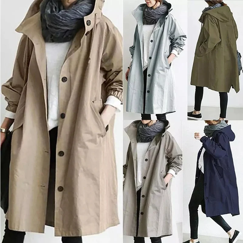 

FALANUO Autumn Solid Color Pocket Hooded Windbreaker Coat Outerwear Women's femme y пальто женское kpytomoaing zarina
