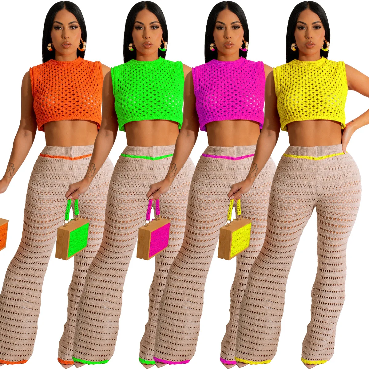 Neon Color Crochet Women Set Wide Leg Long Pants and Round Neck Cropped Tank Tops 2 Two Piece Holiday Streetwear Knitted Suits
Neon Color Crochet Women Set Wide Leg Long Pants and Round Neck Cropped Tank Tops 2 Two Piece Holiday Streetwear Knitted Suits