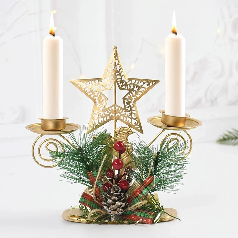 

Christmas Wrought Iron Candlestick Santa Claus Snowflake Star Elk Christmas Tree Candle Holder Home Xmas New Year Table Ornament