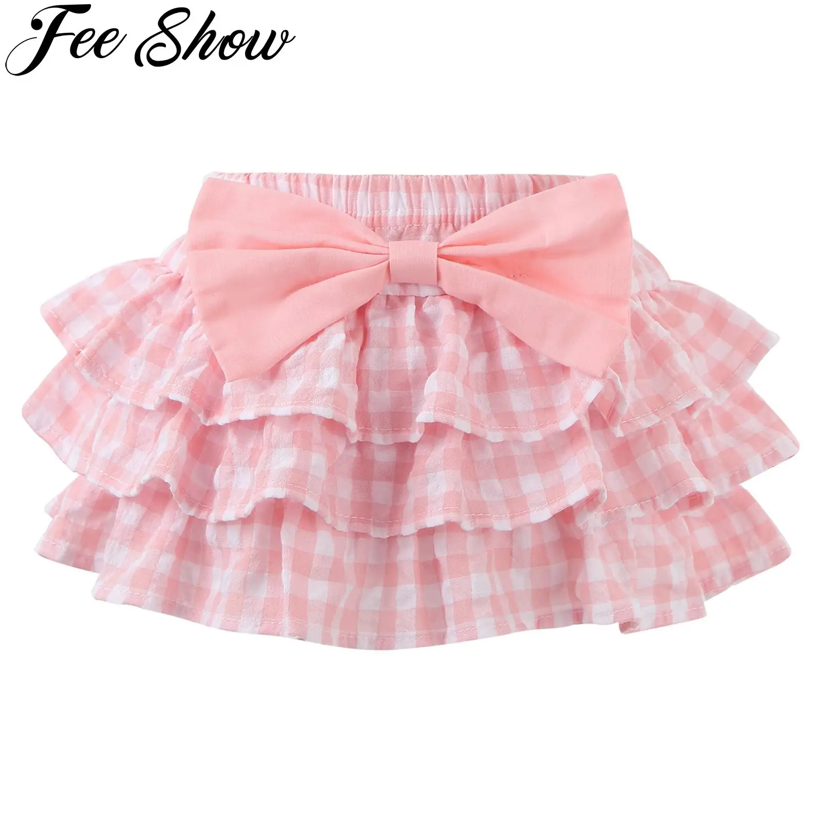 

Newborn Baby Girl Clothes Plaid Layered Skirted Shorts Summer Cute Bowknot Elastic Waistband Ruffle Bloomers Skirt Diaper Cover