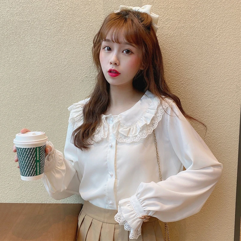 

Japanese Lolita Style Spring Autumn Women Blouse Peter Pan Collar With Lace White Black Bow Blusa Cute Kawaii Sweet Girl's Shirt