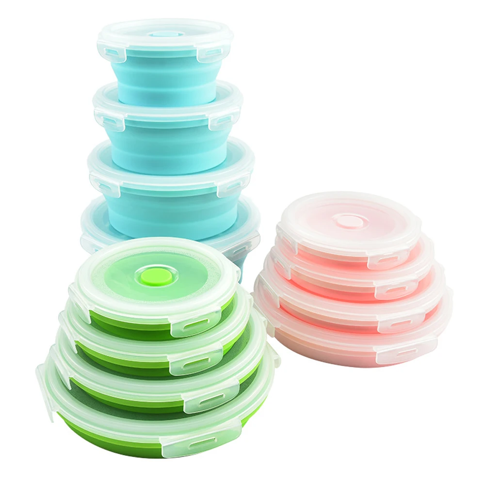 

4-Piece Collapsible Silicone Round Lunch Box Fruit Salad Storage Convenient To Carry Suitable for Outdoor Kitchen Household Item