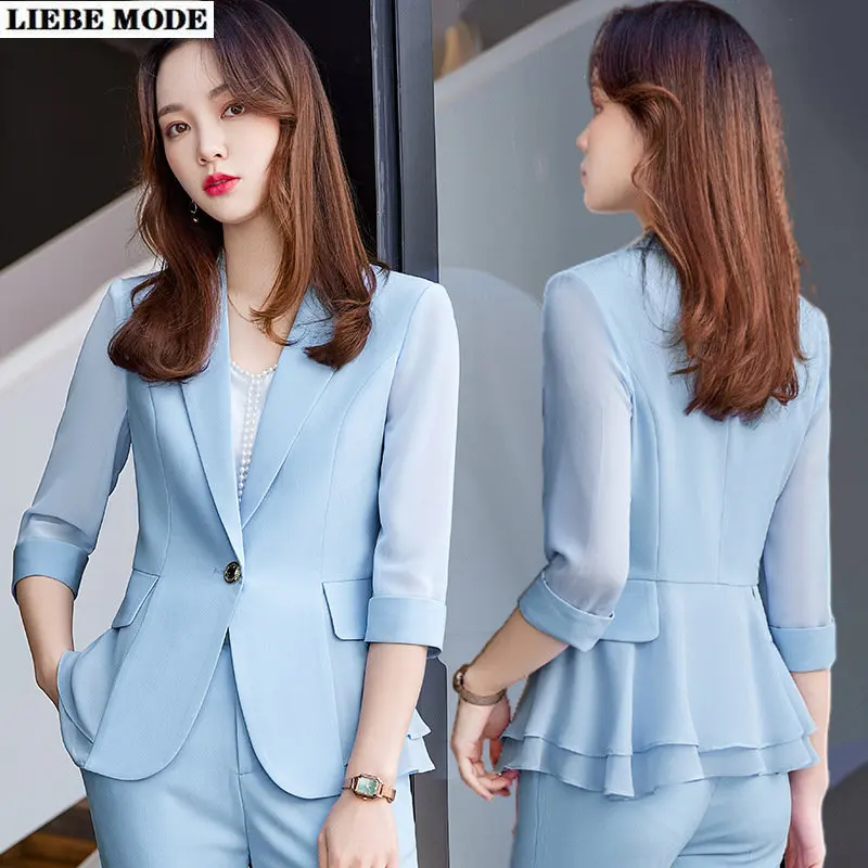 

Spring Summer Office Lady 2 Piece Ruffle Blazer Set Women Black White Business Suits Uniform Jacket Pant Suit Work Wear Pantsuit