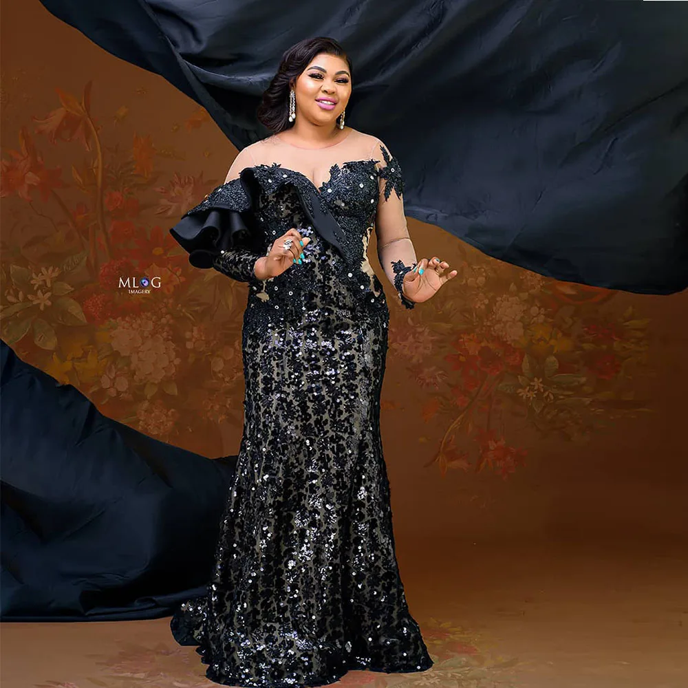 Sexy Black Sequins Mermaid Evening Gowns Applique Beads Full Sleeves Sheer Neck Formal Prom Dresses Lace Up robe de soirée
Sexy Black Sequins Mermaid Evening Gowns Applique Beads Full Sleeves Sheer Neck Formal Prom Dresses Lace Up robe de soirée