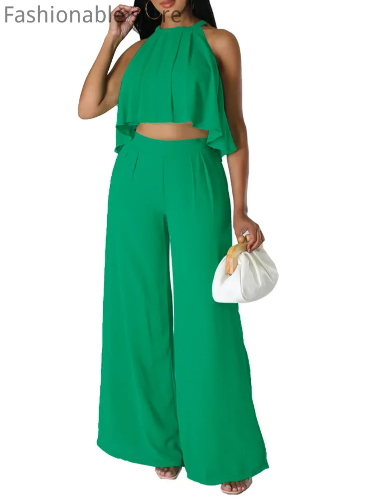 Women Solid Color O-Neck Sleeveless Chiffon Top And High Waist Wide Leg Pants Set
Women Solid Color O-Neck Sleeveless Chiffon Top And High Waist Wide Leg Pants Set