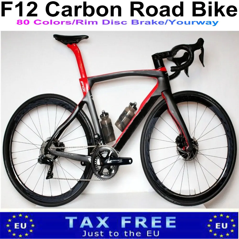 

T1100 1K Disk F12 Carbon Complete Bike Road Bicycle Uranus Black Red with R7020 Disc groupset 50mm Carbon Wheelset
