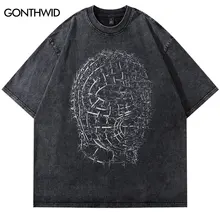 2023 Men Hip Hop Streetwear T Shirt Iron Human Head Model Graphic T Shirt Black Cotton Loose Tshirt Harajuku Oversize Tops Tees