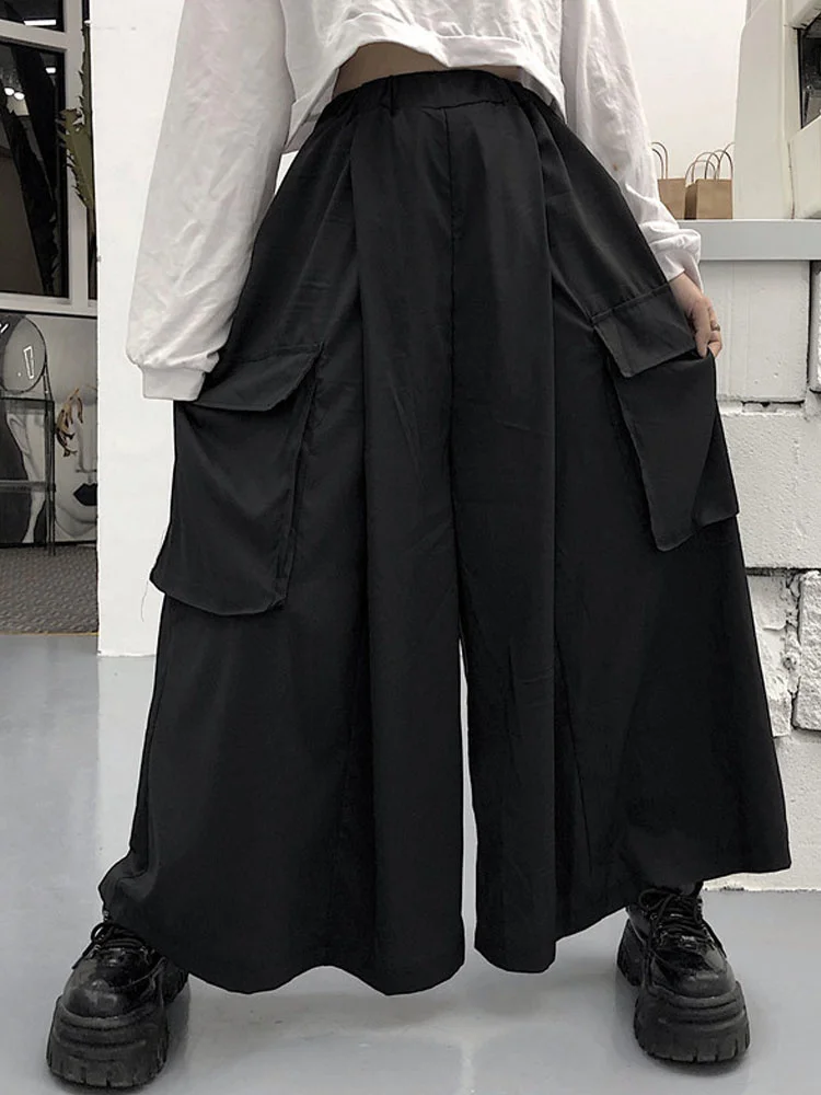 

Черные женские брюки-кюлоты в стиле Харадзюку с широкими штанинами в японском стиле готические брюки-карго большого размера хиппи мешковатая уличная одежда гранж