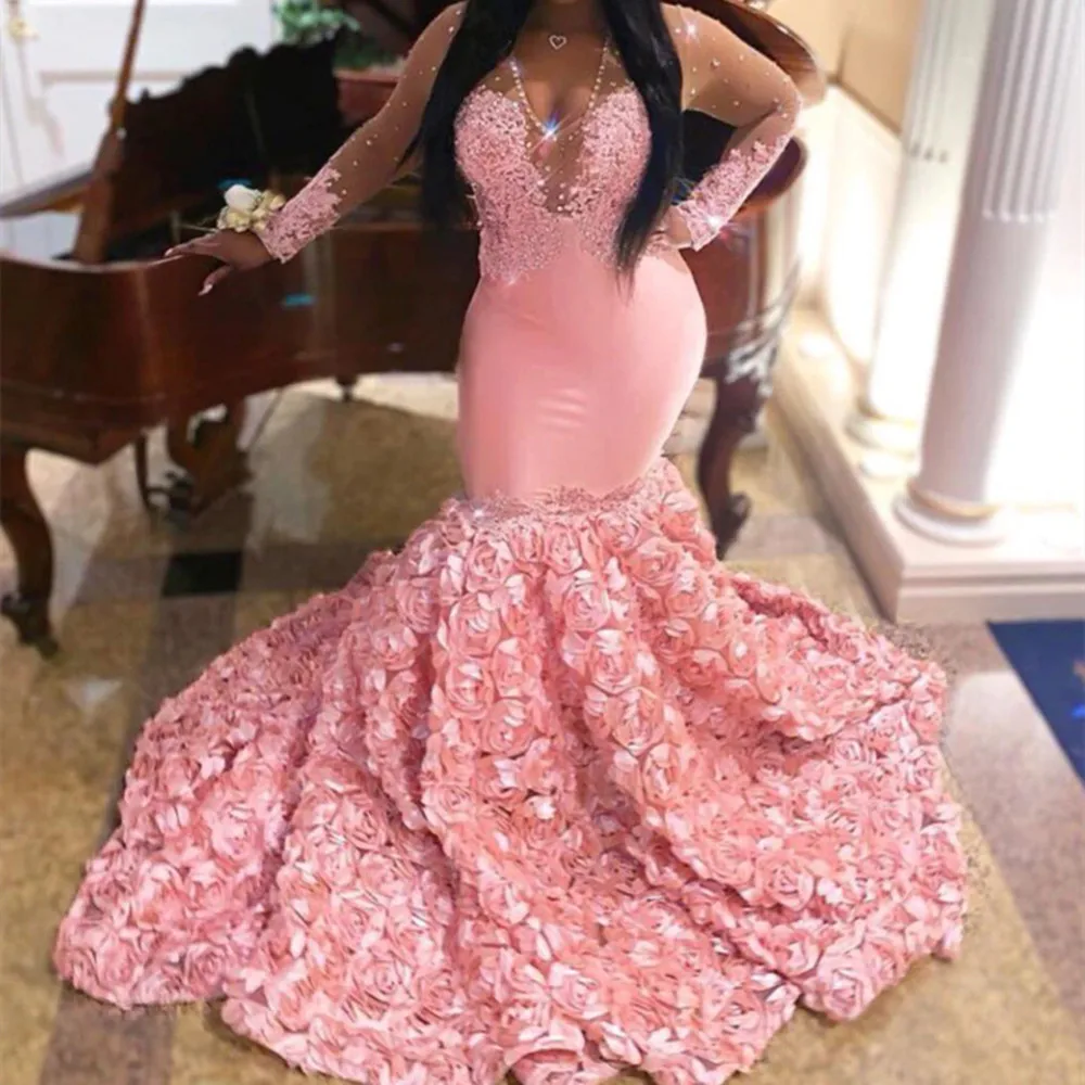 Pink Prom Dresses Meiamid for Womens V Neck Long Sleeves 3D FLowers African Women Formal Party Evening Gowns Plus Size
Pink Prom Dresses Meiamid for Womens V Neck Long Sleeves 3D FLowers African Women Formal Party Evening Gowns Plus Size