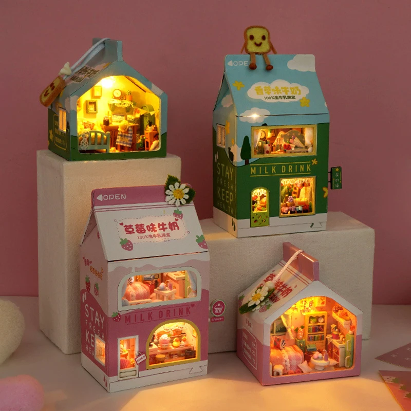 

Деревянный кукольный домик «сделай сам», миниатюрный домик с мини-тортом, клубникой, молоком, Строительный набор с мебелью, семейный кукольный домик, игрушки для взрослых, подарок