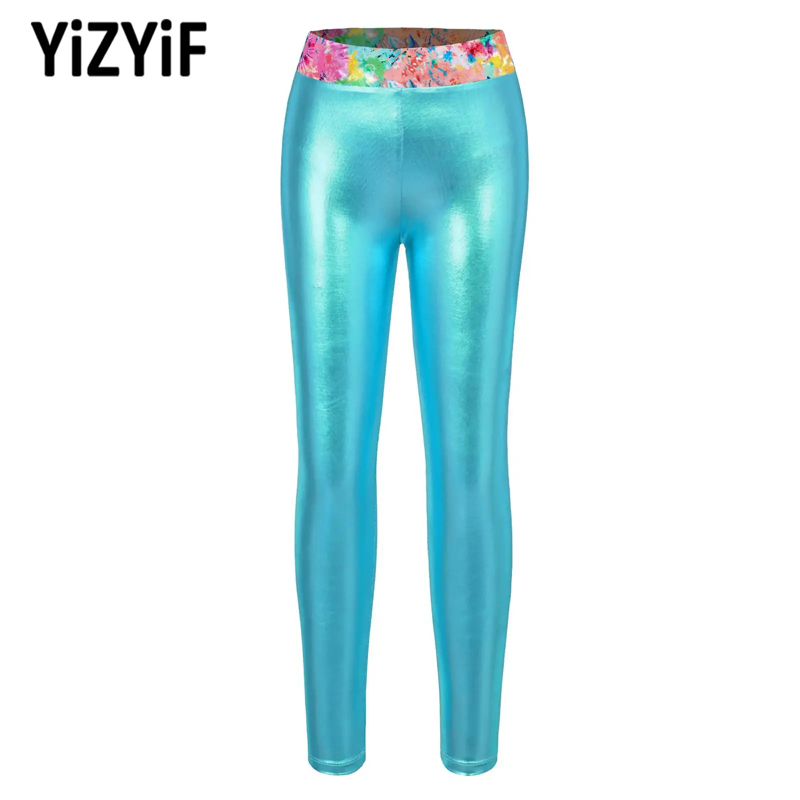 

Toddler Kids Girls Mid Waist Running Pants Gymnastics Dance Yoga Pants Bottom Elastic Waistband Shiny Metallic Leggings Trousers