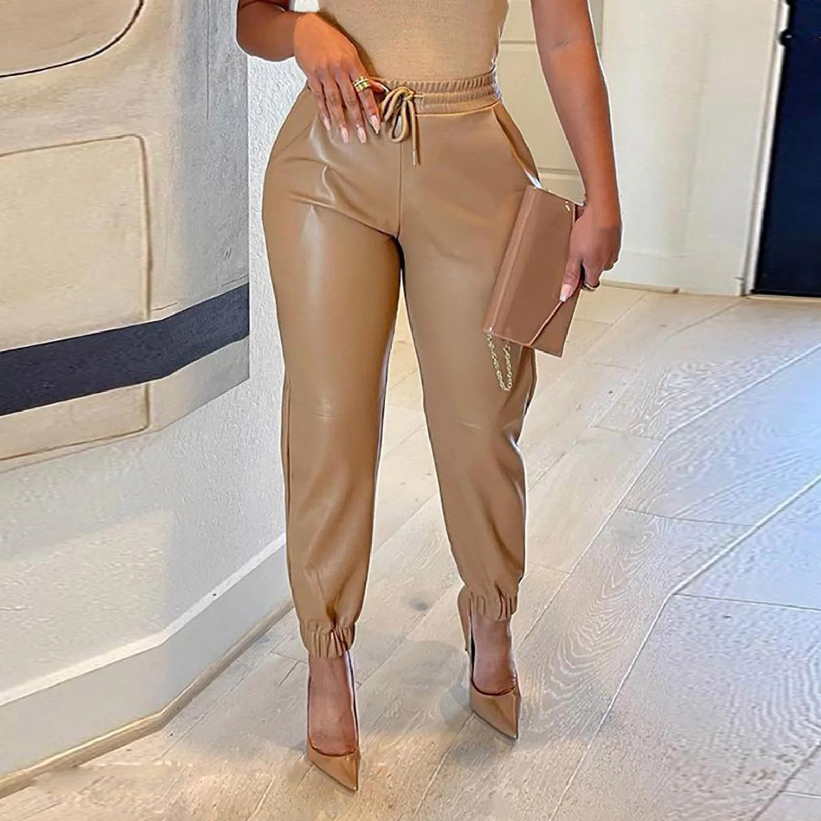 Ladies Casual Oversize Pants Solid Color Leather Pockets Lace-Up Skinny Pants Fashion Vintage Leather Pants Trouser
Ladies Casual Oversize Pants Solid Color Leather Pockets Lace-Up Skinny Pants Fashion Vintage Leather Pants Trouser