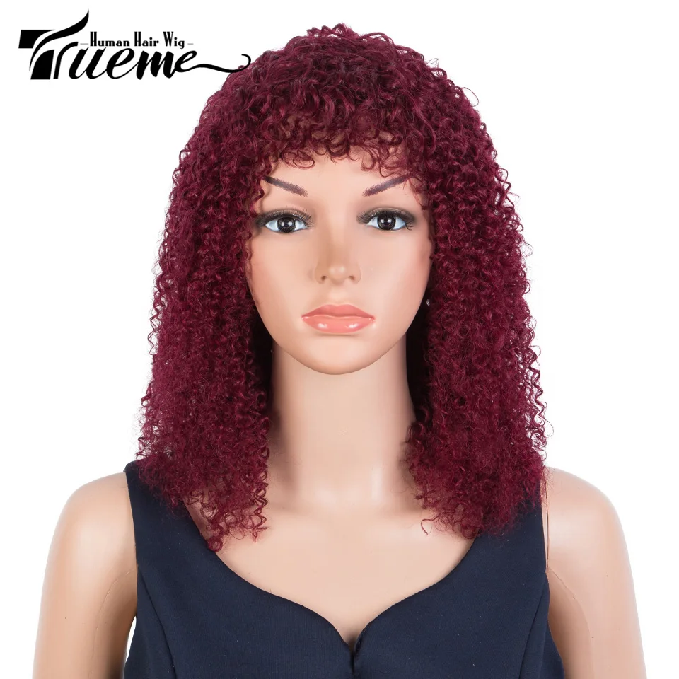 

Trueme Kinky Curly Bob Human Hair Wigs Brazilian Bob Human Hair Wig With Bangs Omber 99J Burgundy Color Machine Made Wig
