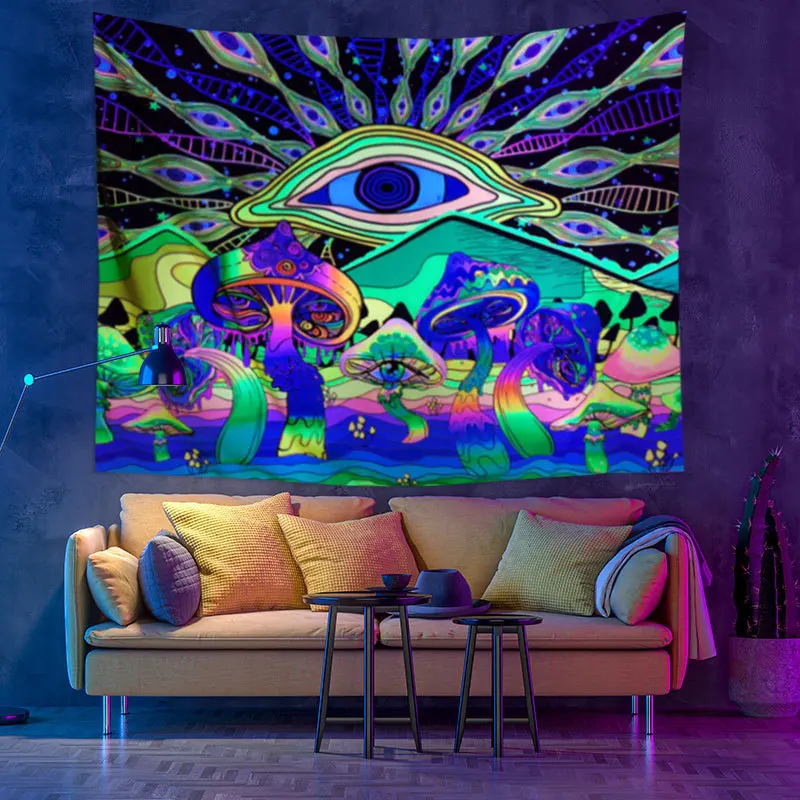 

Blacklight Tapestry Wall Hanging UV Reactive Psychedelic Mushroom Hippie Eyes Tapiz Bedroom Dorm Indine Room Aesthetic Art Decor