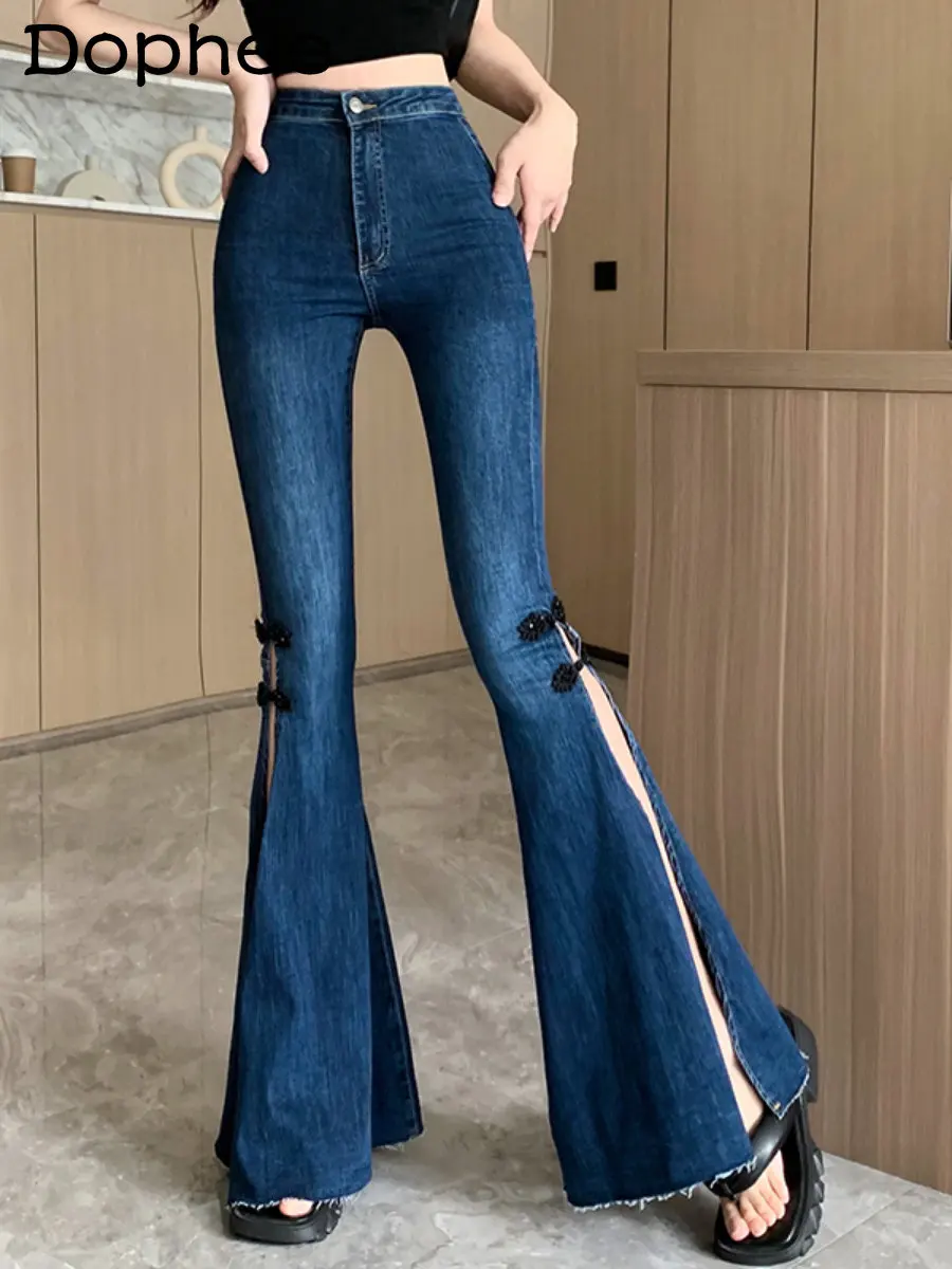 Streetwear Split Blue Flared Jeans for Women Spring Autumn New High Waist Slimming Stretch Design Denim Bell-Bottoms Trousers
Streetwear Split Blue Flared Jeans for Women Spring Autumn New High Waist Slimming Stretch Design Denim Bell-Bottoms Trousers