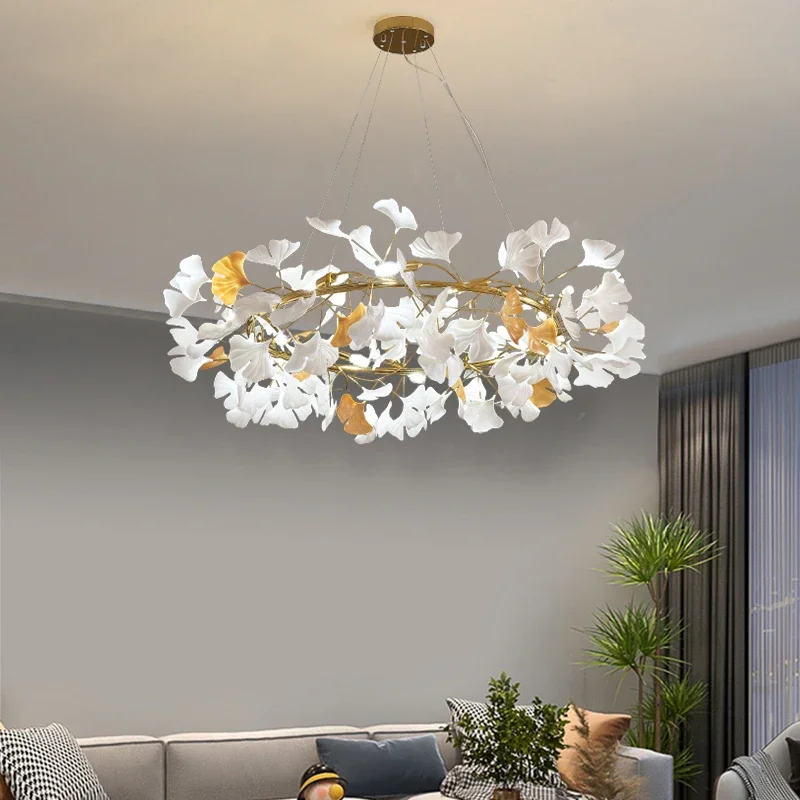 

Скандинавская Люстра для гостиной, Современная круглая комнатная лампа в виде листьев гинкго для ресторана и кухни, цвет розовое золото/черный