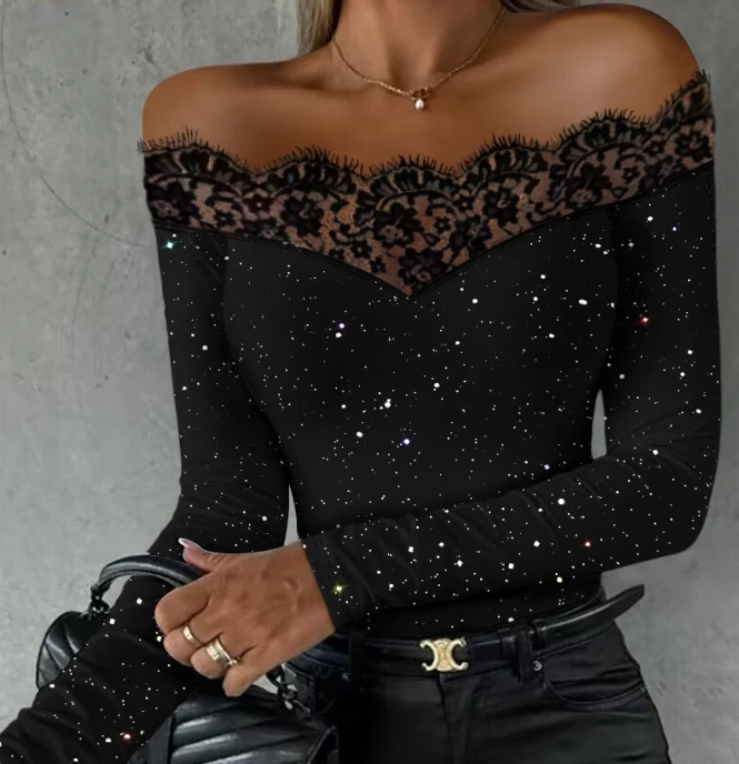 Women's Glitter Lace Patch Top Plain Off Shoulder Eyelash Design Women Chic And Elegant Skinny Long Sleeve T-Shirt
Women's Glitter Lace Patch Top Plain Off Shoulder Eyelash Design Women Chic And Elegant Skinny Long Sleeve T-Shirt