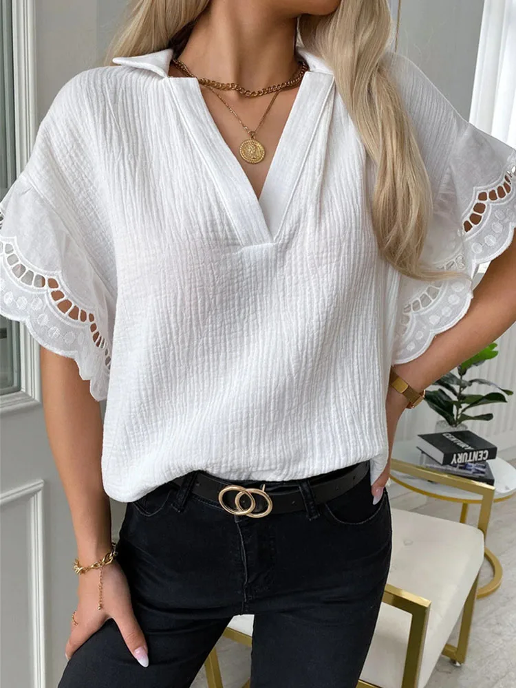 Ladies All-match Clothing 2022 Women Blouse Summer Elegant V-Neck Hollow Solid Shirts Tops Fashion Casual Polo Commute Pullover
Ladies All-match Clothing 2022 Women Blouse Summer Elegant V-Neck Hollow Solid Shirts Tops Fashion Casual Polo Commute Pullover