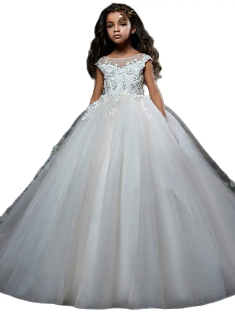 

Flower Girl Dresses 2021 Arabic Lace Pearls Backless Tulle Child Wedding Dresses Vintage Little Girl Pageant Dresses