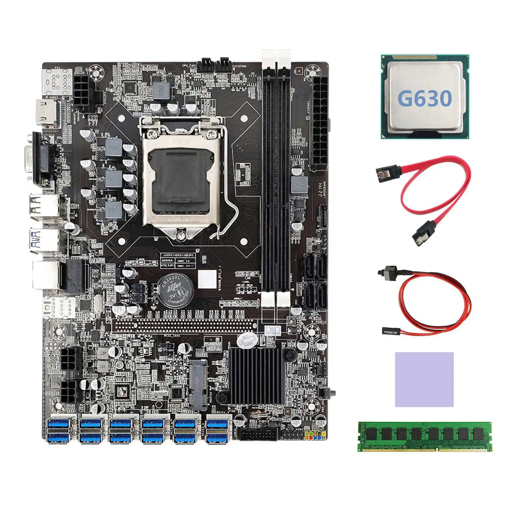 B75 BTC Mining Motherboard 12XUSB+G630 CPU+DDR3 4GB 1600Mhz RAM+SATA Cable+Switch Cable+Thermal Pad B75 USB Motherboard
B75 BTC Mining Motherboard 12XUSB+G630 CPU+DDR3 4GB 1600Mhz RAM+SATA Cable+Switch Cable+Thermal Pad B75 USB Motherboard