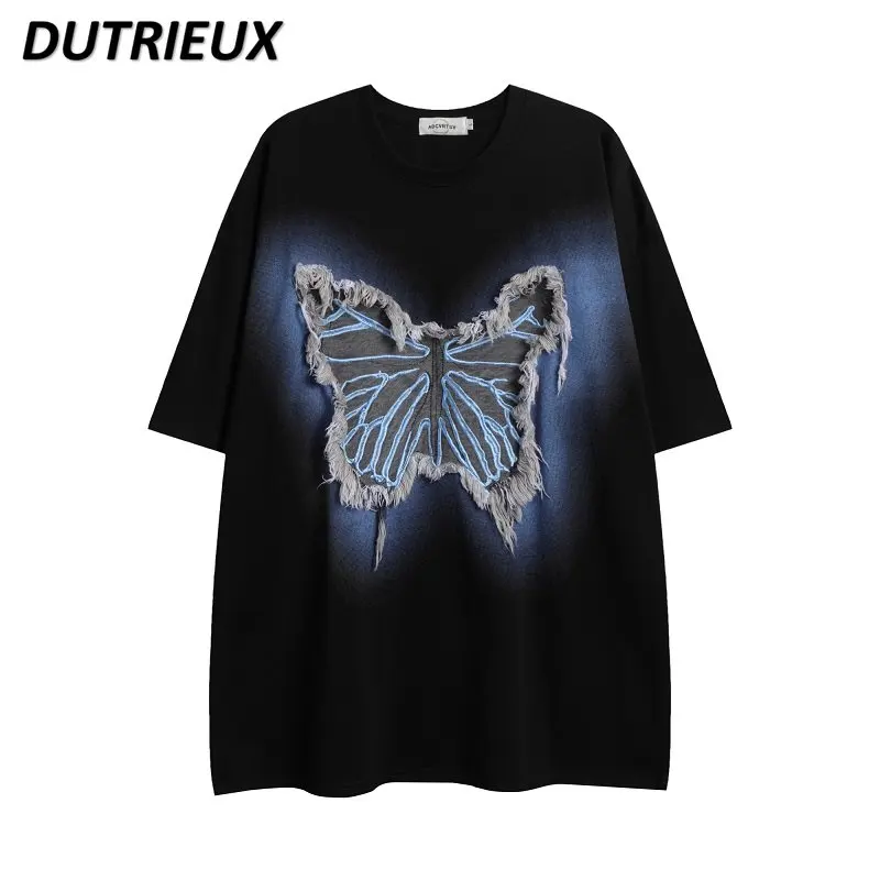 

American Design Ruffled Butterfly Patch Short Sleeve T Shirt Male and Female Trendy Tops Loose Couple Oversized T Shirt