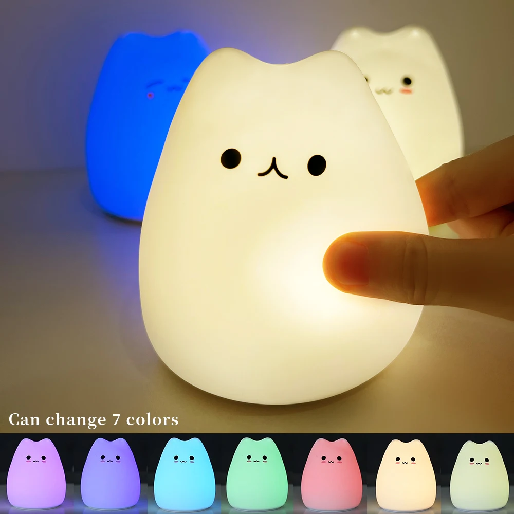 

Cute Mini Cat Baby Night Lamp 7colors Pat Touch Color-changing Eye Protection Bedroom Bedside Nightlights Creative Gift Children