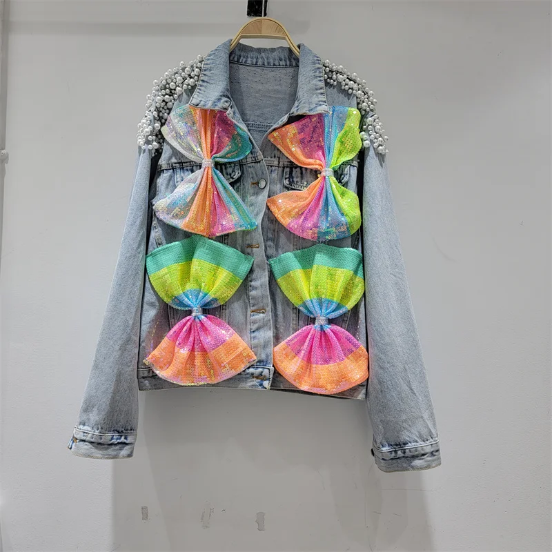 Streetwear Chic Colorful Sequin Bow Light Blue Denim Coat Women Cowboy Short Outwear Beaded Lapel Long Sleeve Jean Jacket Autumn
Streetwear Chic Colorful Sequin Bow Light Blue Denim Coat Women Cowboy Short Outwear Beaded Lapel Long Sleeve Jean Jacket Autumn