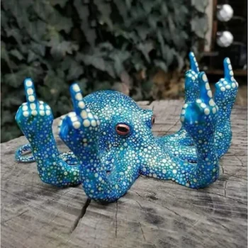 Middle Finger Octopus Statue Resin Garden Octopus Ornaments Desktop Decor Creative Angry Octopus Sculpture for Indoor Outdoor Ga