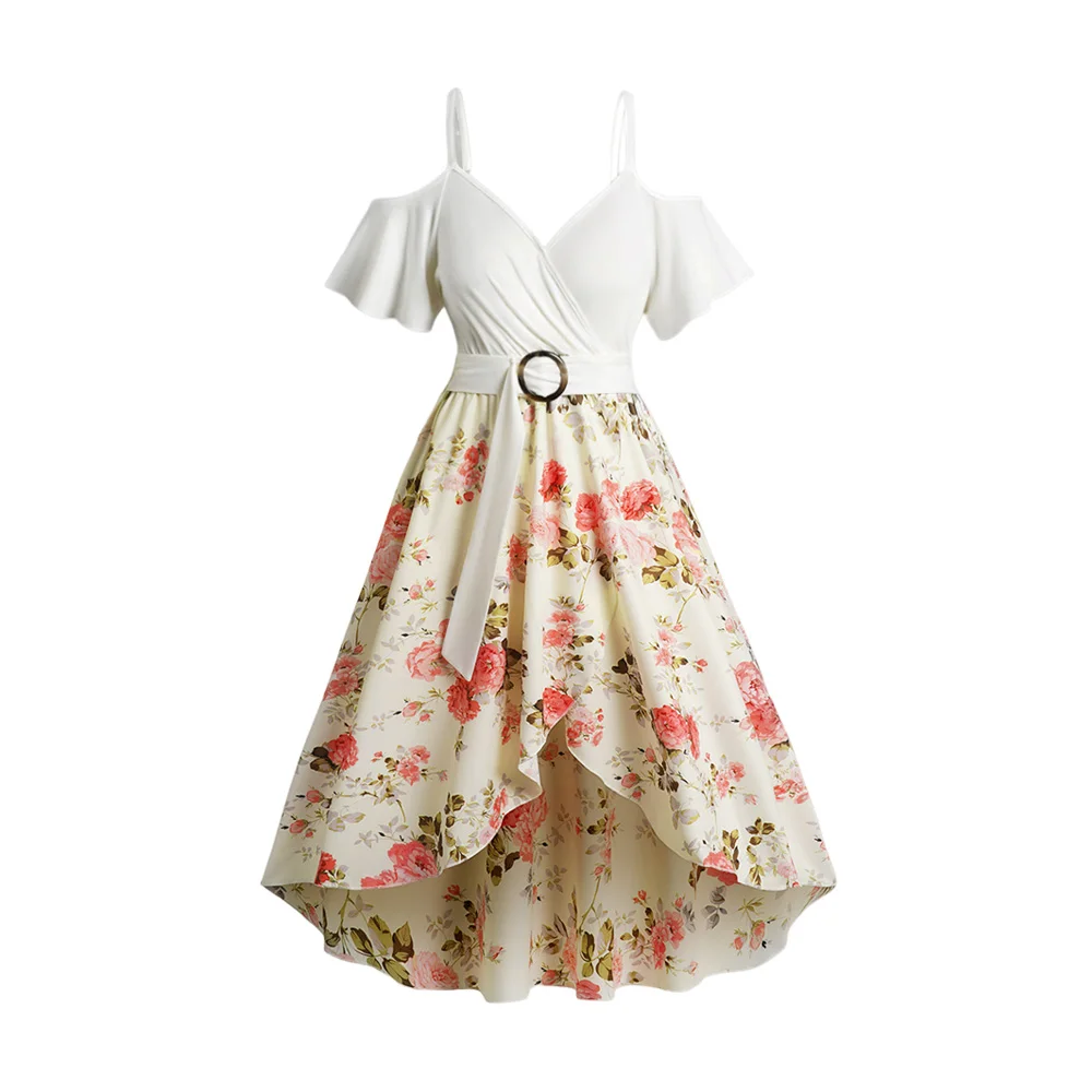

Dressfo L-5X Plus Size Dress For Female Leaf Flower Print Surplice Belted Cold Shoulder High Low Midi Robe