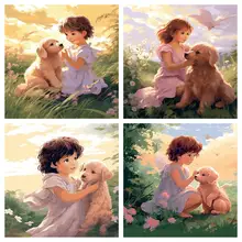 RUOPOTY Painting By Numbers For Beginner Kits Sunset Grassland Girl Puppy Hand Painting Figure For Home Decor