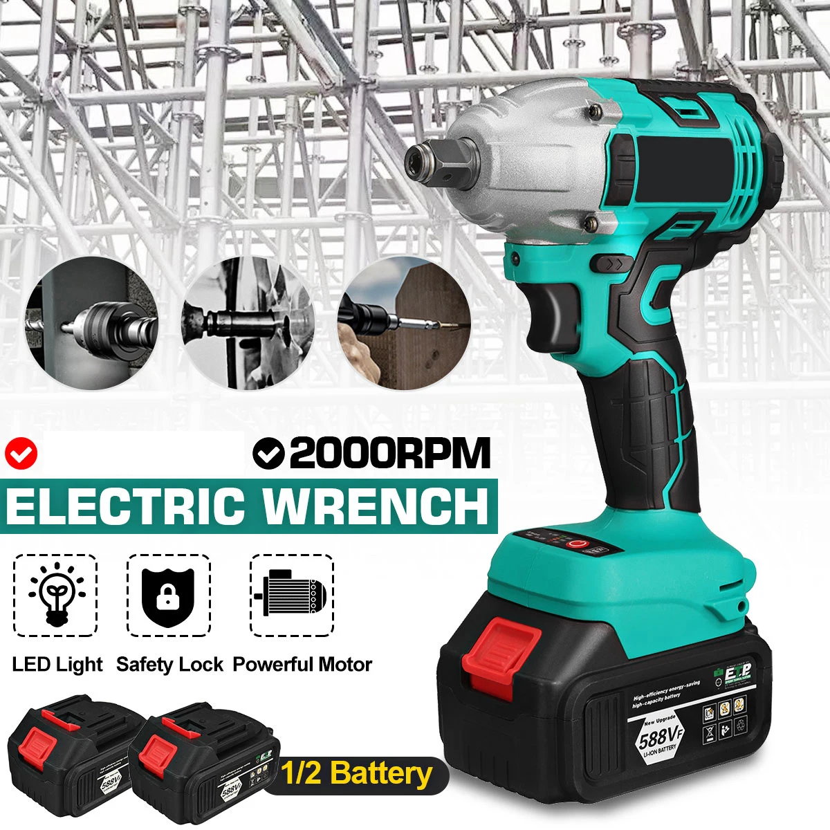 588VF 800N.M Brushless Cordless Electric Impact Wrench Rechargeable 1/2 Inch Wrench Power Tools High Capacity 2 Pcs Battery
588VF 800N.M Brushless Cordless Electric Impact Wrench Rechargeable 1/2 Inch Wrench Power Tools High Capacity 2 Pcs Battery
