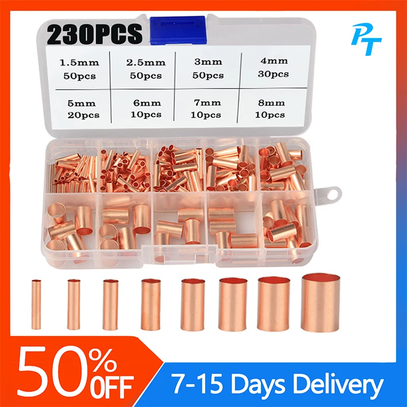 

970pcs Copper Connecting Pipe Wire Joint Small Copper Tube Terminal Cable Lug Bootlace Ferrule Kit with Heat Shrink Tube Plier