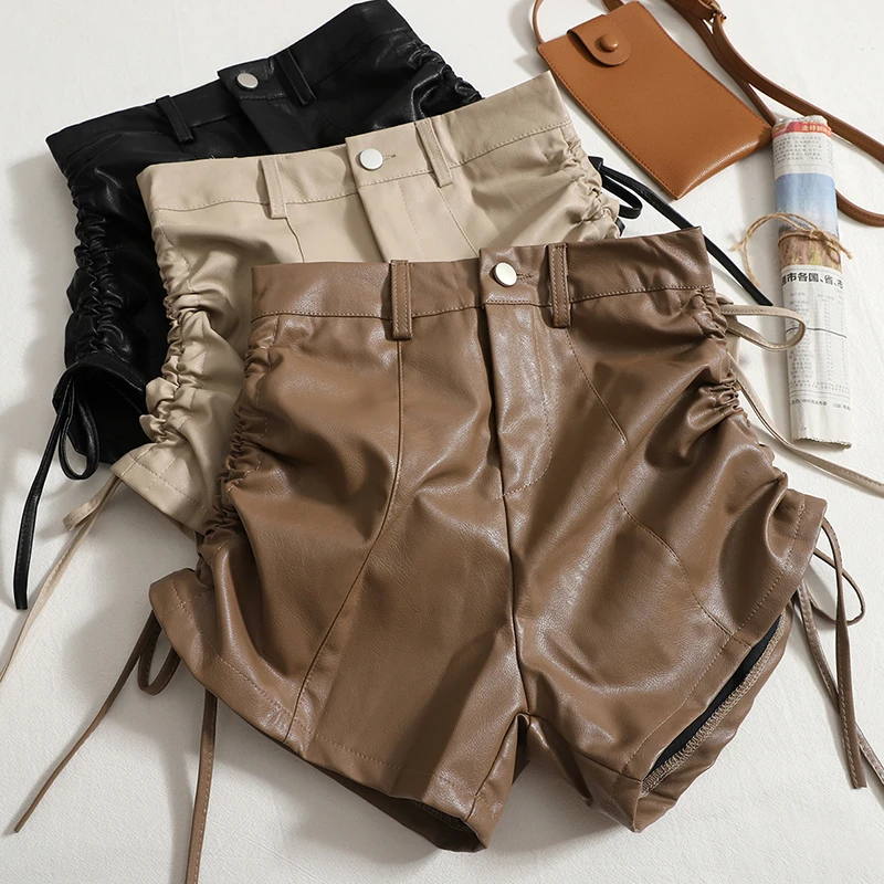 Сексуальные шорты из искусственной кожи для женщин, высокая талия и тонкий шнурок, повседневные узкие шорты, новый дизайн, осень и зима,