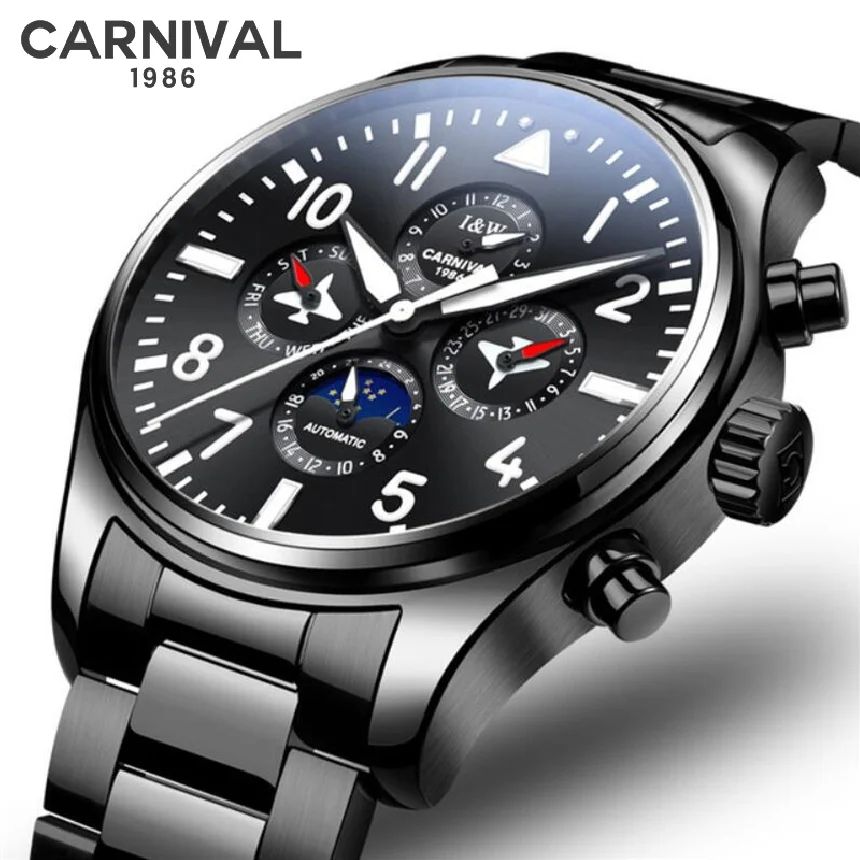 Men Fashion Casual Black Steel Watch Automatic Mechanical Watch Reloj Hombre Business Luxury Watches CARNIVAL Male Clock New
Men Fashion Casual Black Steel Watch Automatic Mechanical Watch Reloj Hombre Business Luxury Watches CARNIVAL Male Clock New