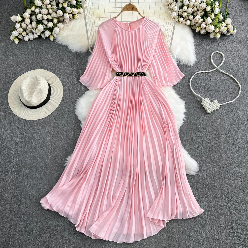 

2023 Summer Light Luxury Style Long Sleeved Round Neck Waist Slim A-line Pleated Dress Light Mature Style Large Swing Long Skirt