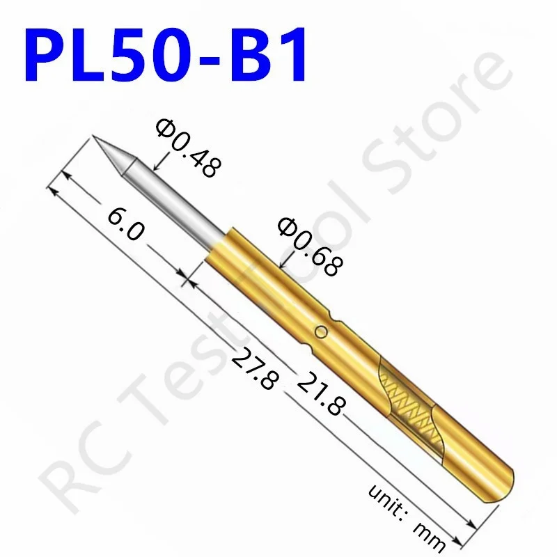 

20/100PCS PL50-B1 Spring Test Probe Phosphor Bronze Nickel Plated PCB Probe Dia 0.68mm Length 27.80mm Probe Tool Test Pin PL50-B