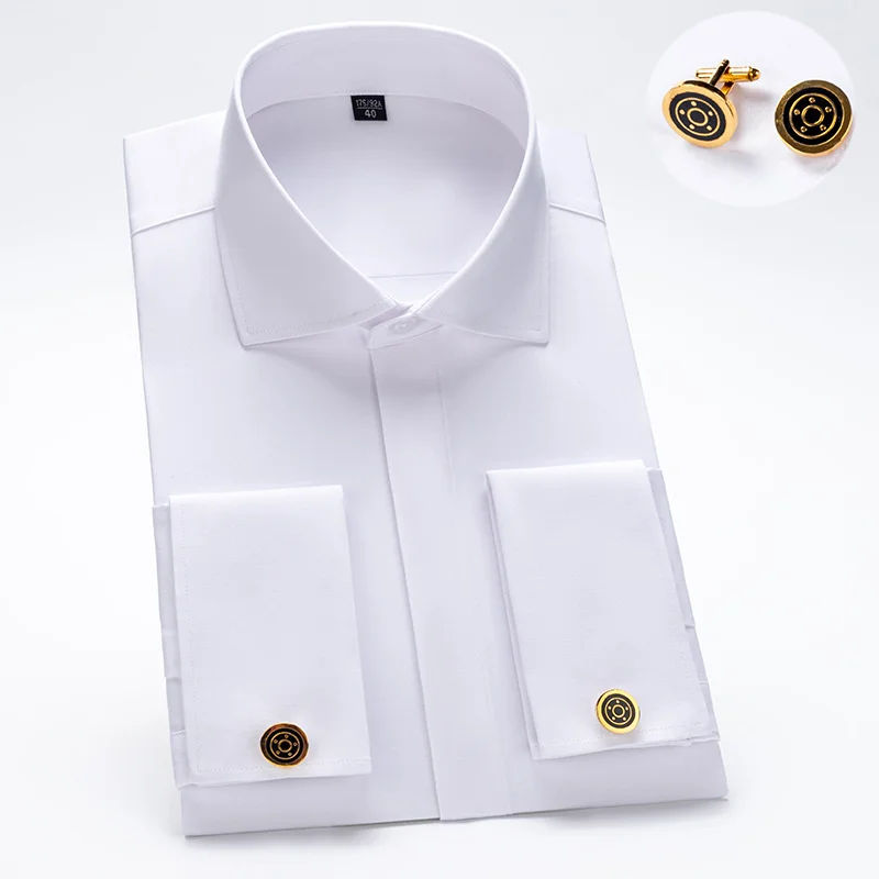 

Windsor Collar French Cuff Dress Shirt Fashion Men's Long Sleeve Luxury Business Formal Shirts Covered Button Cufflink Shirt