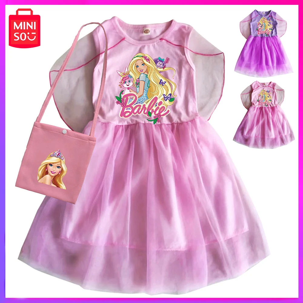 

2024 Miniso Barbie New Summertime Children Skirt Fashion Cute Comfy Puffy Princess Dress Bag Pink Kawaii Girl Birthday Present