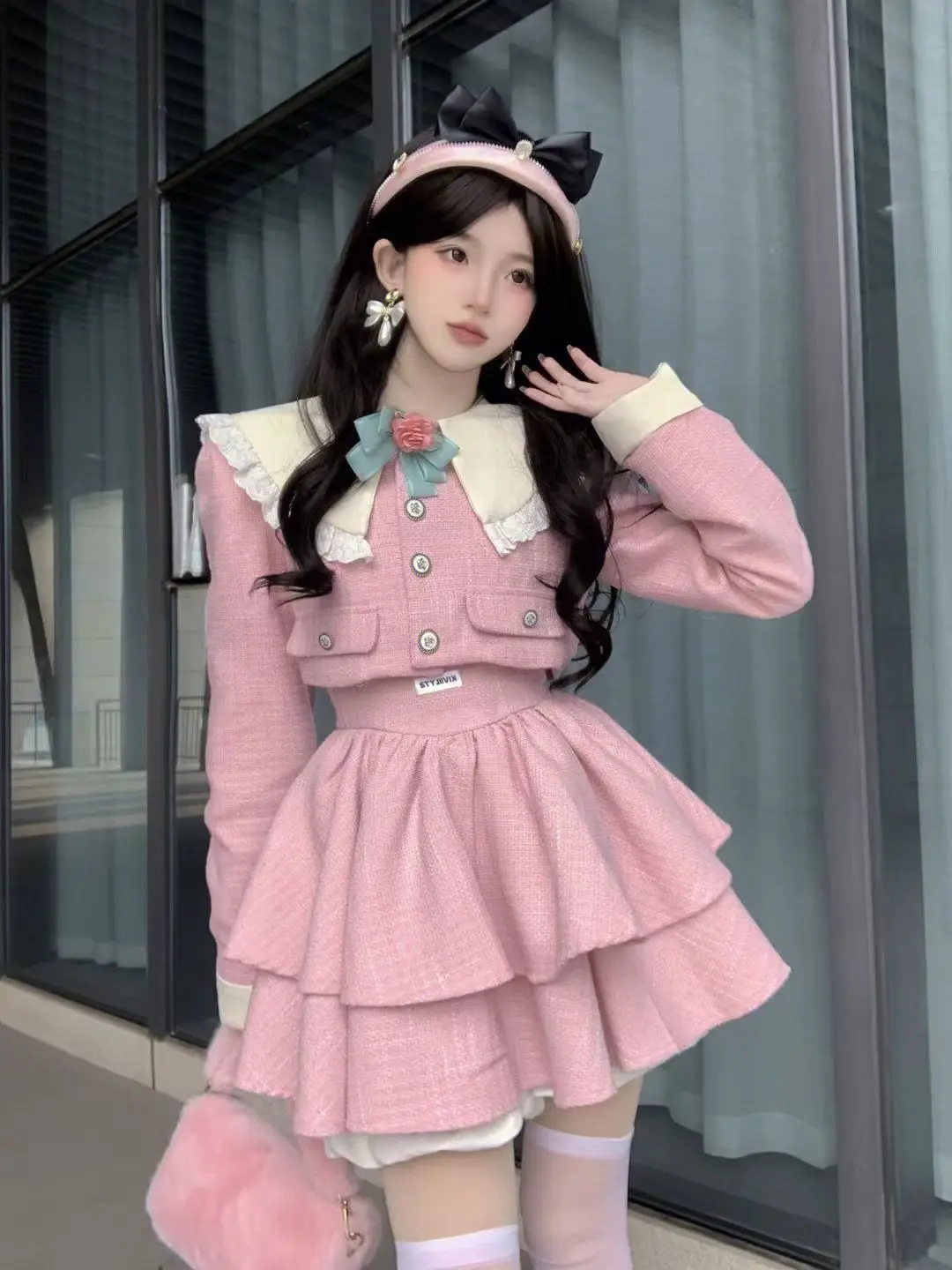 

Winter Exquisite Sweet Princess Dress Women Doll Collar Collision Splicing Short Coat+ Fluffy Dresses Pink Suit Korean Fashion