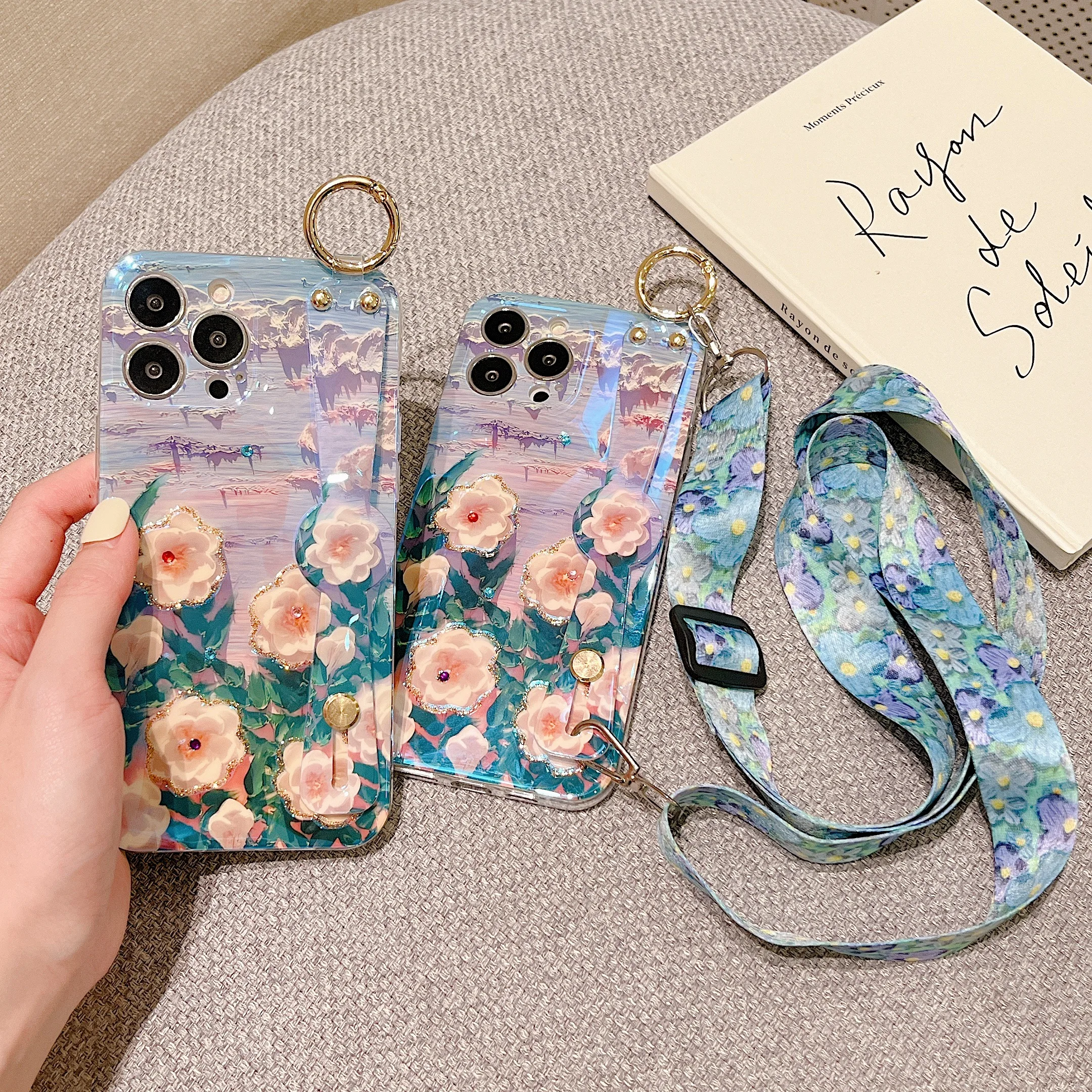 

Glitter 3D Flower Phone Case For Huawei P50 Pro P60 P40 P30 Mate 50 40 30 Oil painting wristband Cover For Nova 8i 9SE 10Pro Y7A