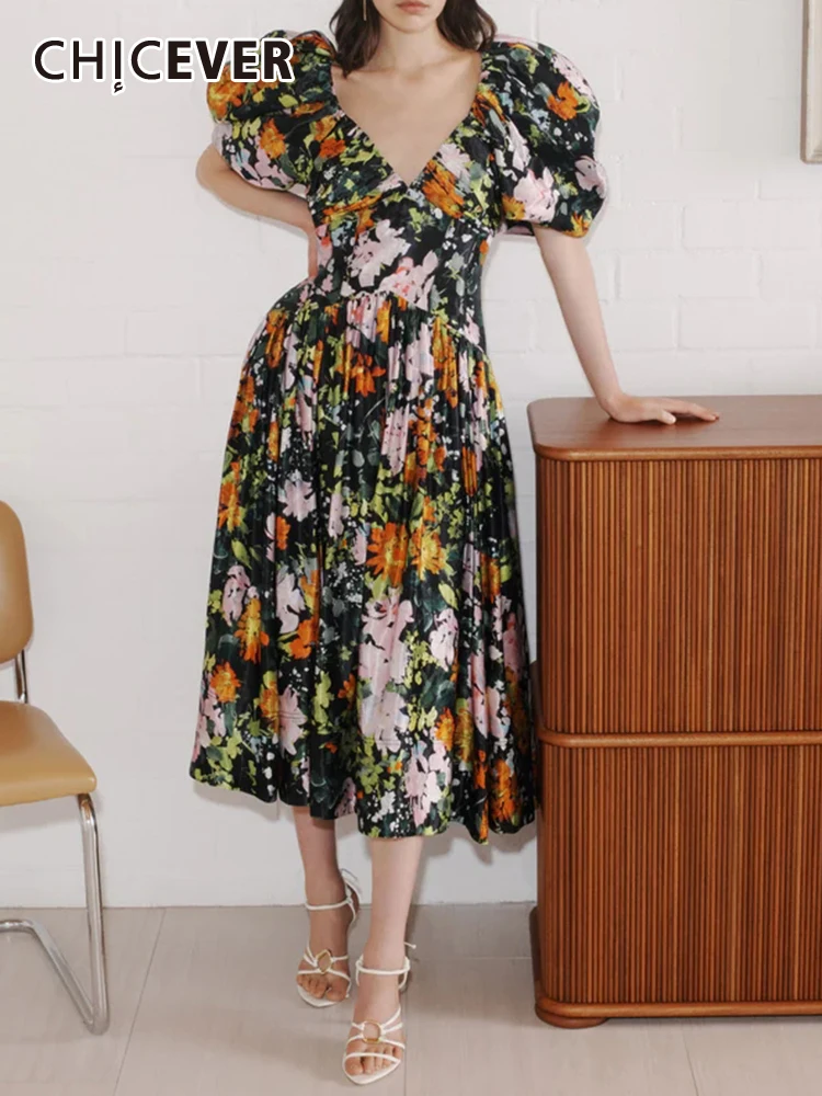 CHICEVER Summer Printing Dresses For Women V Neck Puff Sleeve High Wasit Folds Colorblock Loose Midi Dress Female Summer Clothes
CHICEVER Summer Printing Dresses For Women V Neck Puff Sleeve High Wasit Folds Colorblock Loose Midi Dress Female Summer Clothes