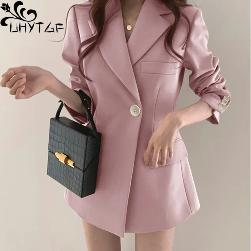 Шикарная и элегантная женская куртка UHYTGF, повседневный весенне-осенний Блейзер средней длины, женское однотонное облегающее пальто с лацканами, женская верхняя одежда 2125 
Шикарная и элегантная женская куртка UHYTGF, повседневный весенне-осенний Блейзер средней длины, женское однотонное облегающее пальто с лацканами, женская верхняя одежда 2125