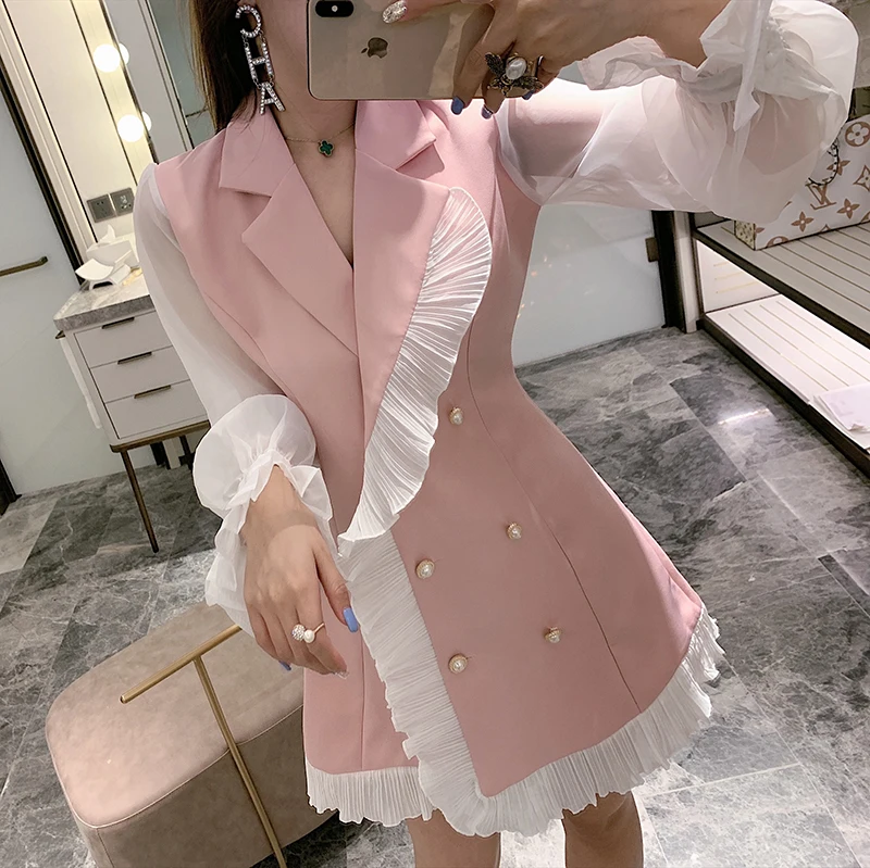 Spring Autumn New Elegant Sexy Lotus Leaf Edge Stitching Pearl Buckle Slim Lapel Suit Dress Women Sweet Long Sleeve Blazer Dress
Spring Autumn New Elegant Sexy Lotus Leaf Edge Stitching Pearl Buckle Slim Lapel Suit Dress Women Sweet Long Sleeve Blazer Dress