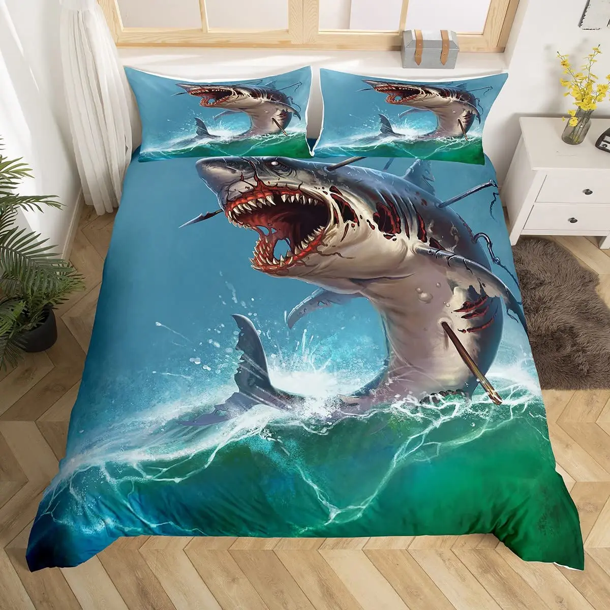 

Kids Shark Duvet Cover Deep Ocean Themed Wildlife Comforter Cover Sea Animal Bedding Set Big Fish Bedspread Cover Twin King Size