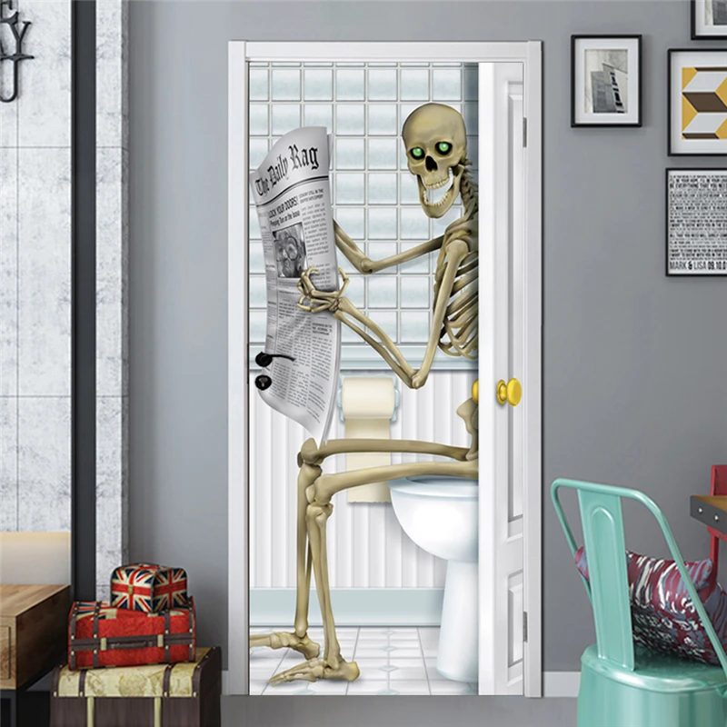 

3D Скелет, газета для чтения, Хэллоуин, креативные дверные наклейки, деревянная дверь, украшение для дома, восстановленная настенная наклейк...