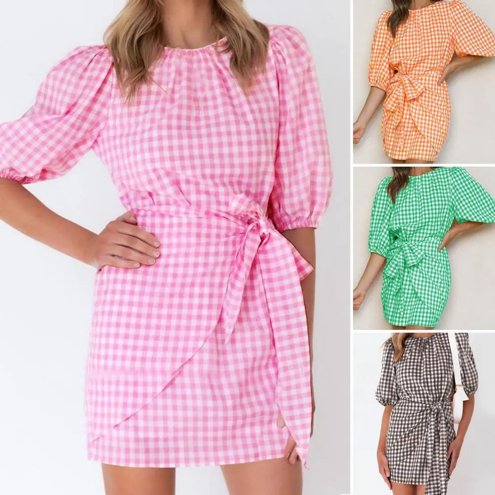 Mini Dress Casual Clothes Crew Neck Dress Crew Neck Wrap Tie Bowknot Plaid Print Lantern Sleeve Dress Female Clothes 
Mini Dress Casual Clothes Crew Neck Dress Crew Neck Wrap Tie Bowknot Plaid Print Lantern Sleeve Dress Female Clothes
