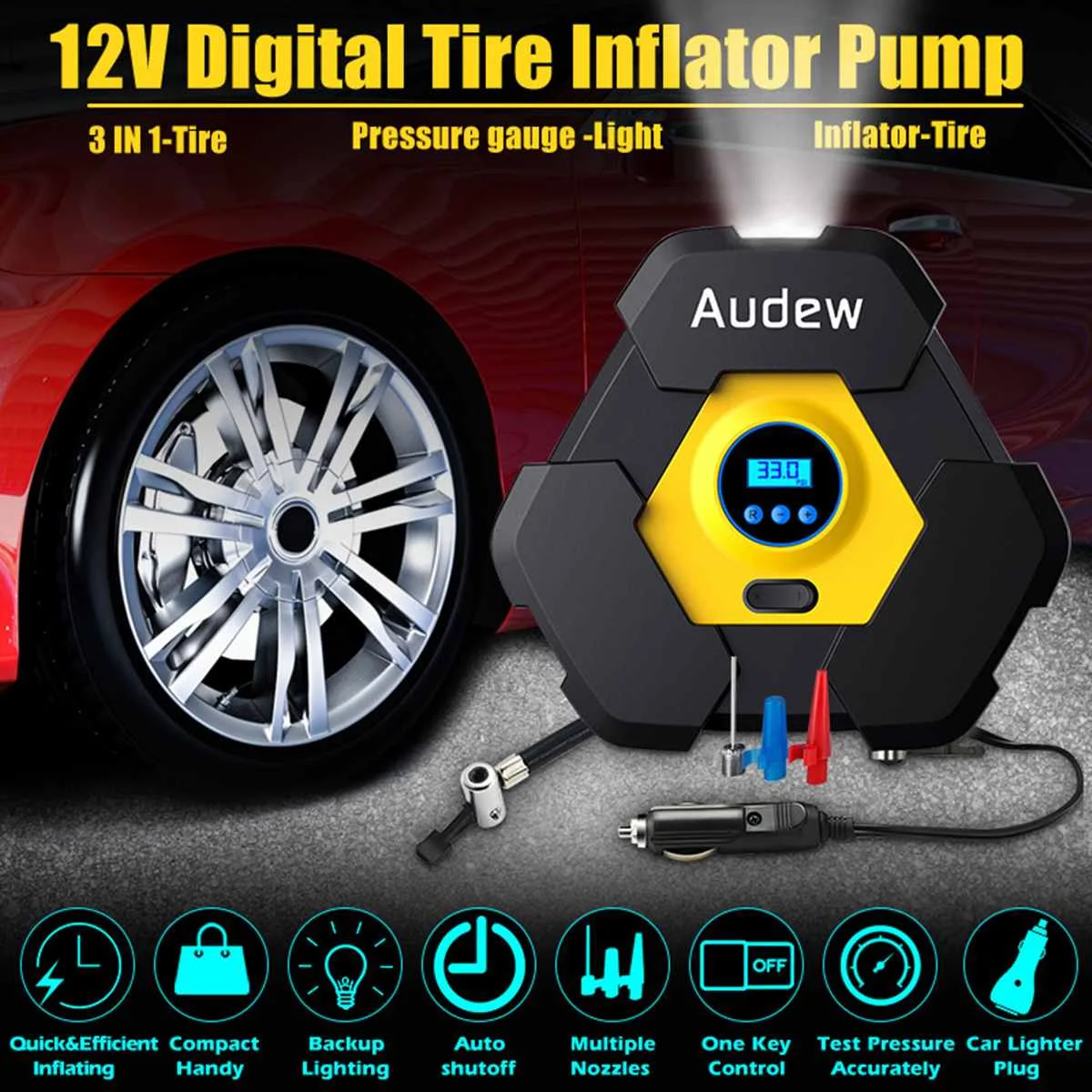 Автомобильный Компрессор Audew, портативный компрессор для шин с светодиодный-дисплеем 
Автомобильный Компрессор Audew, портативный компрессор для шин с светодиодный-дисплеем