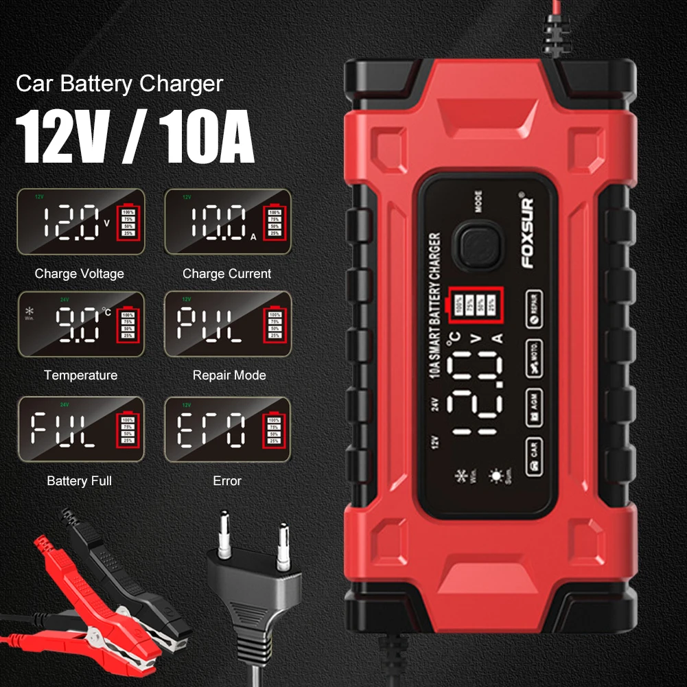 12V/10A Full Automatic Battery Charger Pulse Repair Maintenance LCD Display Smart Car Battery Charger for AGM GEL WET Lead Acid
12V/10A Full Automatic Battery Charger Pulse Repair Maintenance LCD Display Smart Car Battery Charger for AGM GEL WET Lead Acid