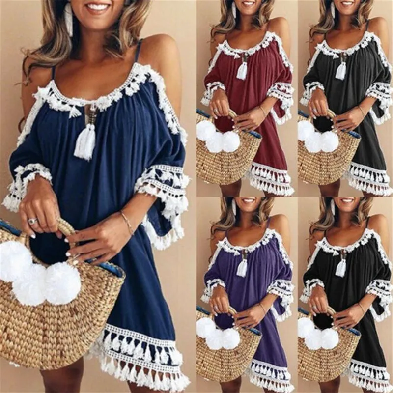 

Женское мини-платье с кисточками, повседневное винтажное платье с открытыми плечами, лямкой на шее и коротким рукавом, 2 цвета, лето 2022